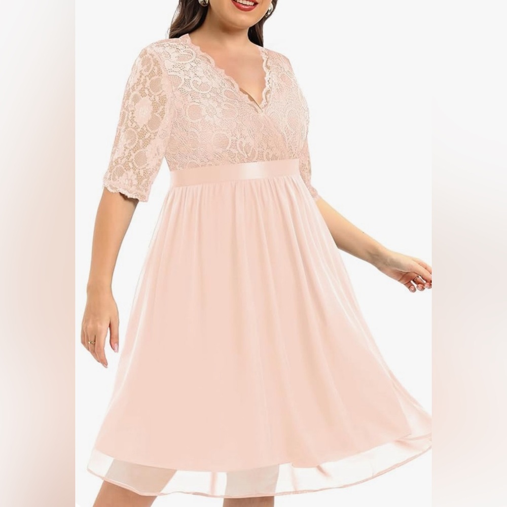 NWOT Pinup Fashion Plus Size peach Lace Chiffon Wrap V Neck dress sz 18W